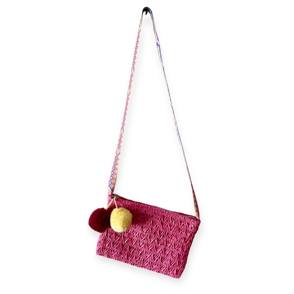 Old Navy Pink Woven Kids Crossbody Bag with Pom Poms